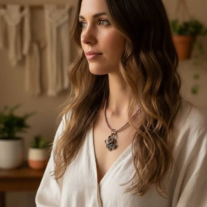 Model wearing Reversible Interchangeable Copper Wire Sculpted Necklaces, showcasing its unique artisan design.