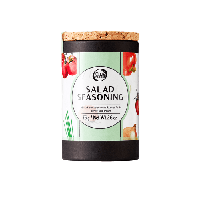 Jar of salad seasoning with a green label