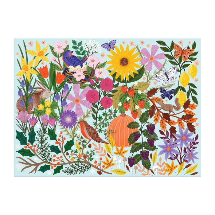A vibrant garden scene with colorful flowers, leaves, berries, birds, butterflies, and a pumpkin on light blue—perfect for nature lovers and the Seasons in Bloom 1000 Piece Puzzle by Lee Foster-Wilson.