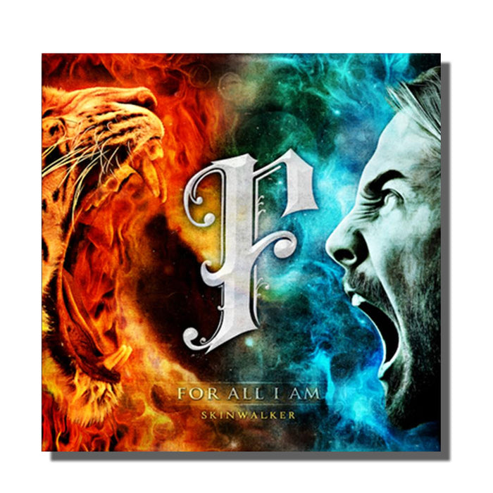 An album cover split in half: left side, an orange jaguar in flames; right side, a man’s face screaming in blue smoke. For All I Am—Eye Of The Storm—with a large “F” centered.