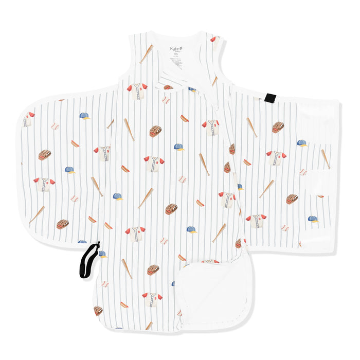 Double zipper shown on an unswaddled Sleep Bag Swaddler in Home Run 1.0