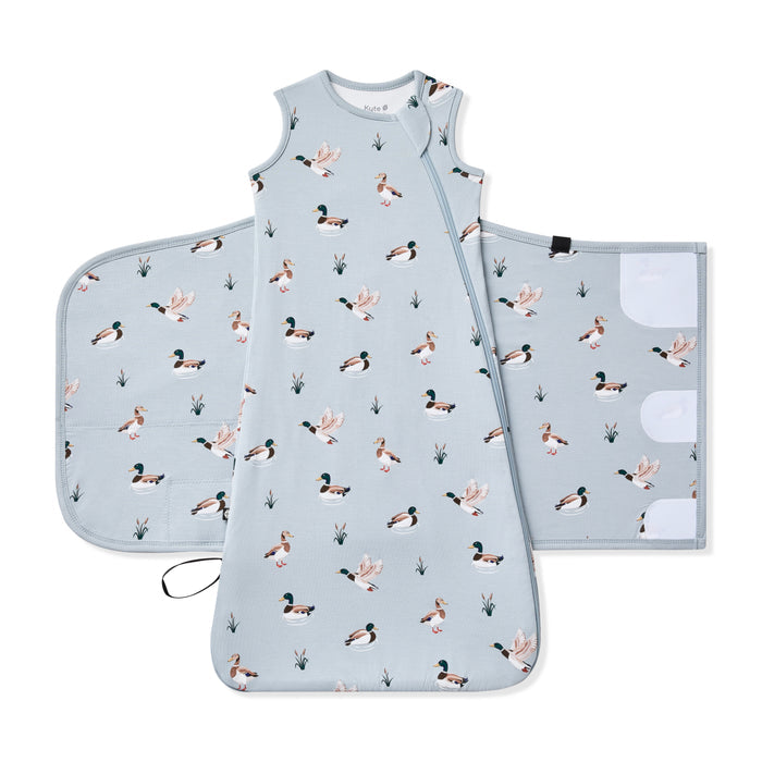 Sleep Bag Swaddler in Mallard Duck 0.5 shown unswaddled