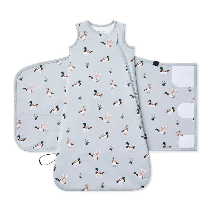 Sleep Bag Swaddler in Mallard Duck 1.0 shown unswaddled