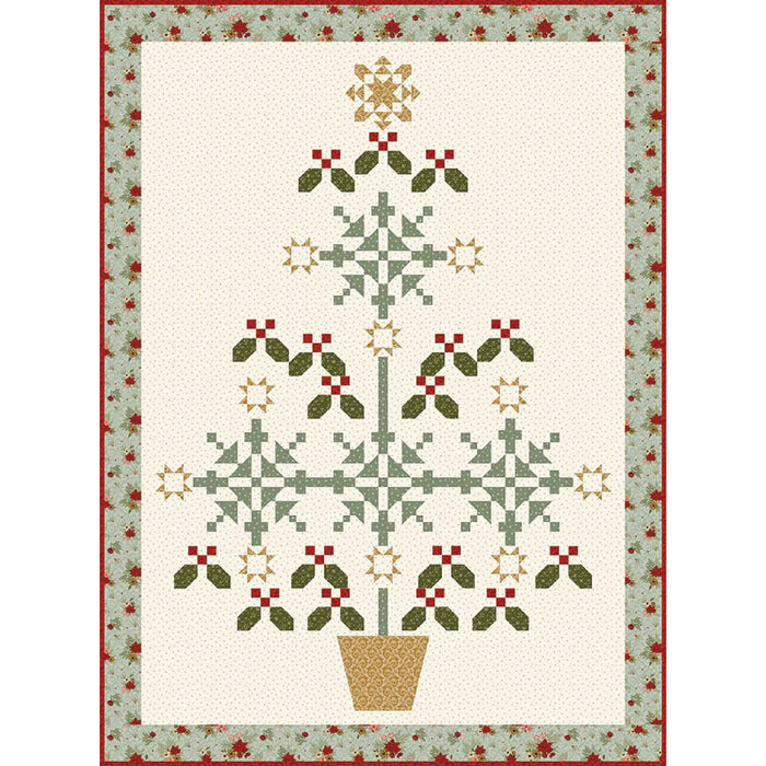 Christmas-themed quilt with geometric patterns and a snowflake design on a white background.
