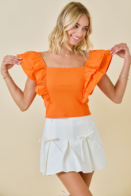 Square Neck Ribbed Top W/ Ruffle Sleeves
