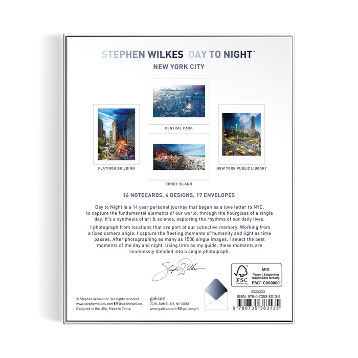 The back cover of the Stephen Wilkes Day To Night® New York City Notecard Set by Stephen Wilkes Photography, Inc. features four iconic NYC landmarks in time-lapse photos, plus a description and production details.