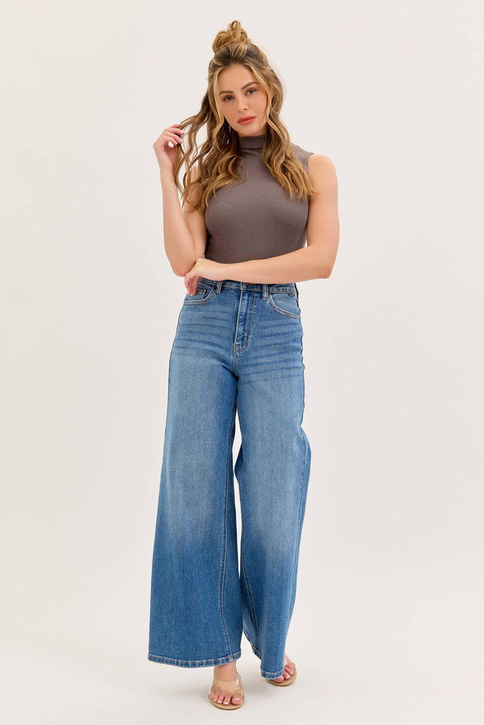 Stretch High Rise Wide Leg Jeans Medium Denim