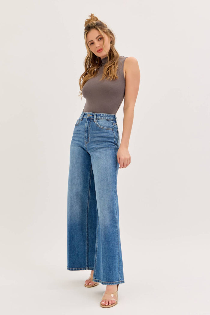 Stretch High Rise Wide Leg Jeans Medium Denim