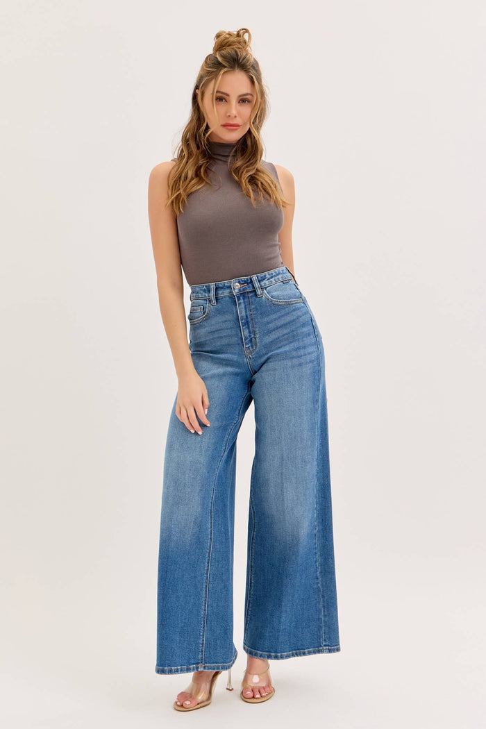 Stretch High Rise Wide Leg Jeans Medium Denim