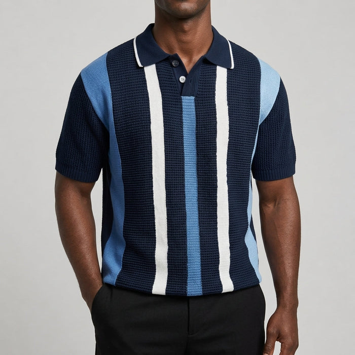 Striped V-neck polo shirt shown from the front