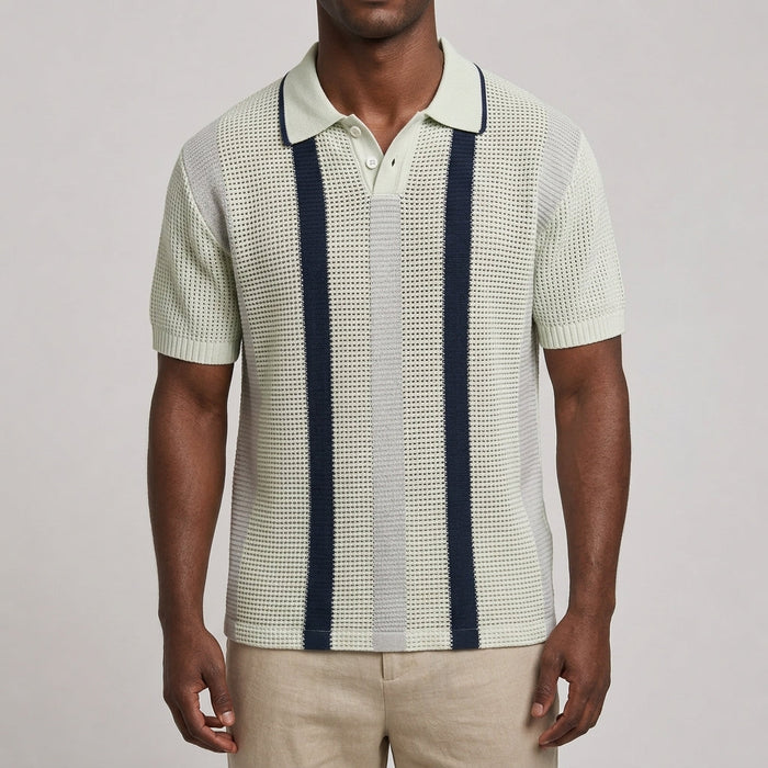 Close-up of the striped pattern and V-neck collar