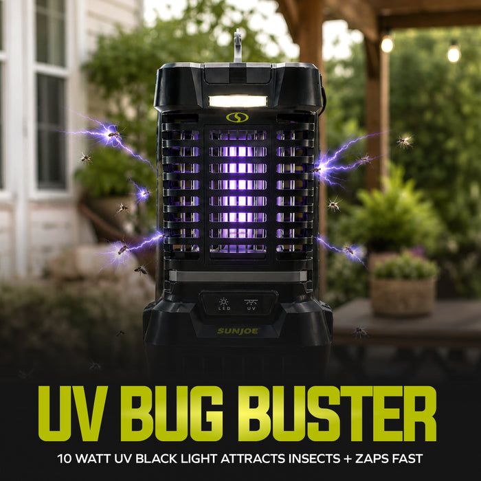 A black UV bug zapper lamp with glowing purple UV light, shown outdoors on a porch with flying insects and purple electric arcs around it. Large yellow text at the bottom reads 'UV BUG BUSTER' with additional product claims.