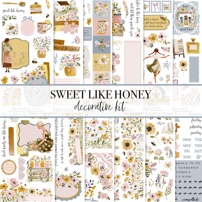 Decorative kit titled 'Sweet Like Honey' with various floral, honey, tea, and journaling design elements.