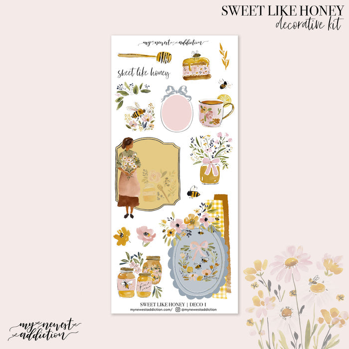 Decorative sticker sheet with floral and honey-themed designs