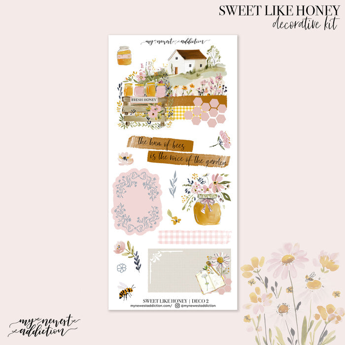 Decorative sticker sheet with floral and honey jar designs on a white background