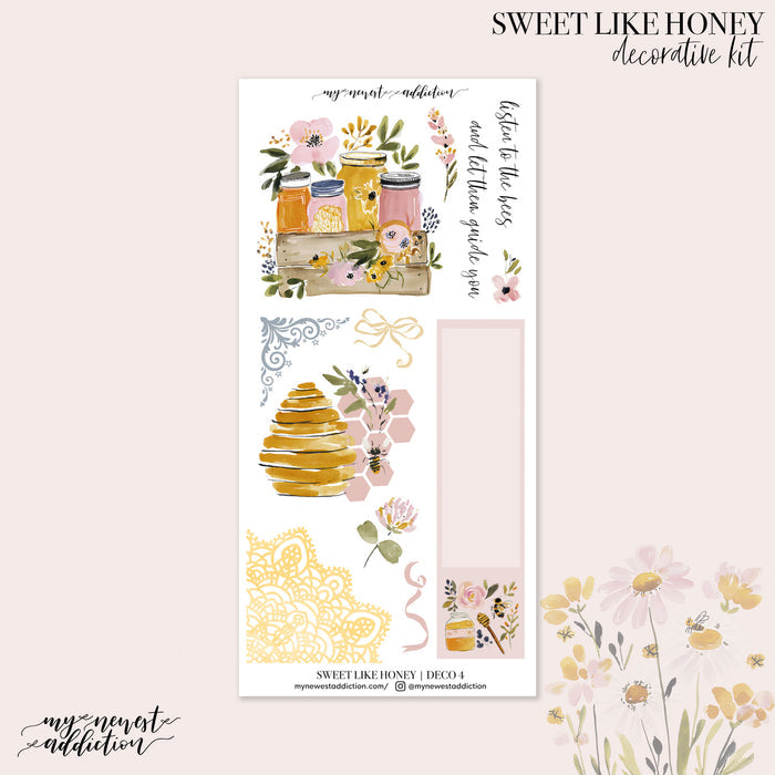 Decorative kit with honey-themed stickers and illustrations.
