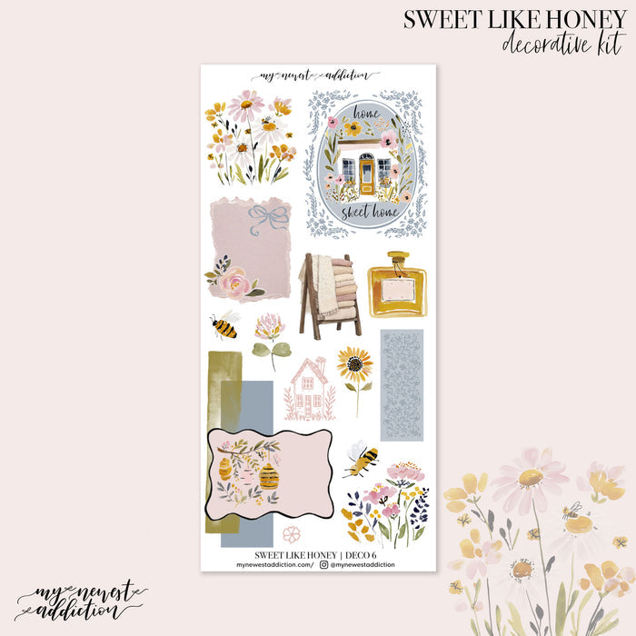 Decorative sticker sheet with floral and home-themed designs.