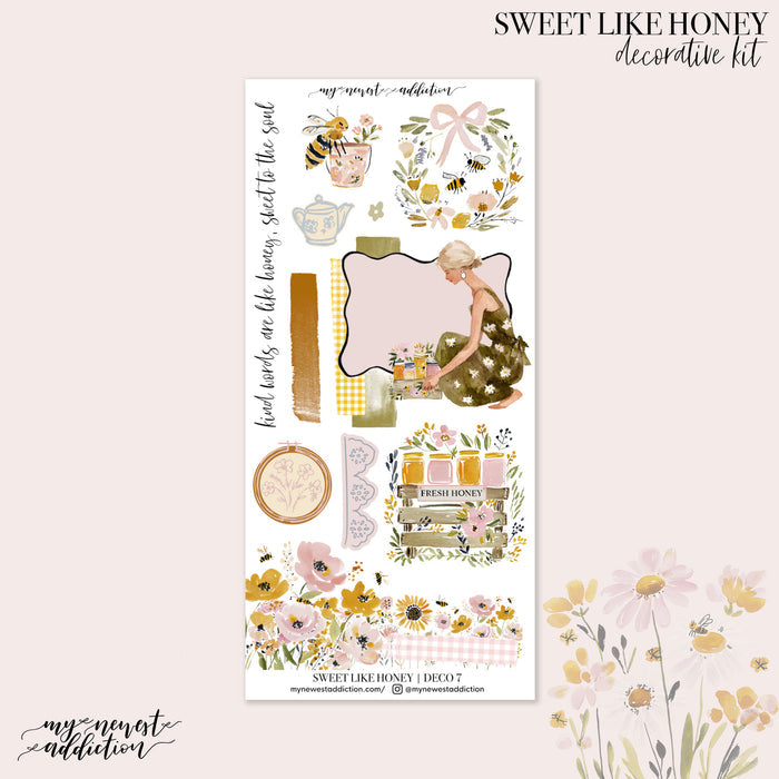 Decorative sticker sheet with floral and honey-themed designs.