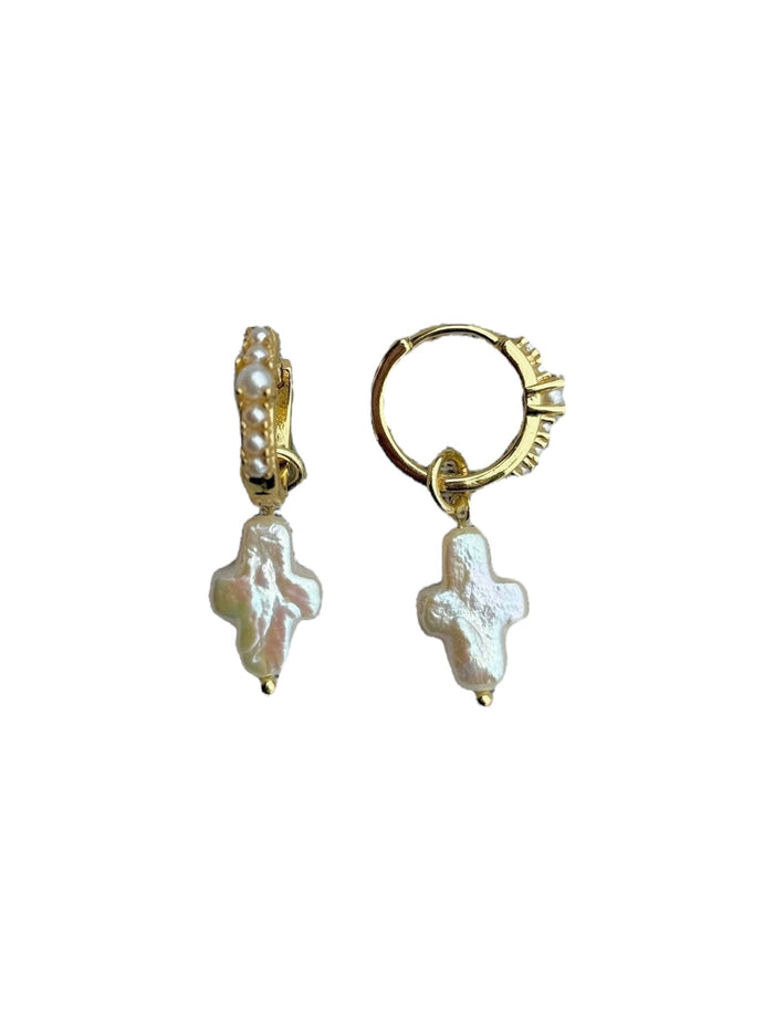 Thalia Earrings with gold plated pearl cross and hoop earrings for soft summer styling
