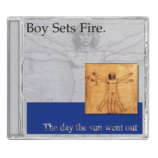 CD cover with Boysetsfire at the top, a faded Vitruvian Man background, a small colored version on the right, and The Day The Sun Went Out at the bottom over a blue band—echoing their political lyrics.