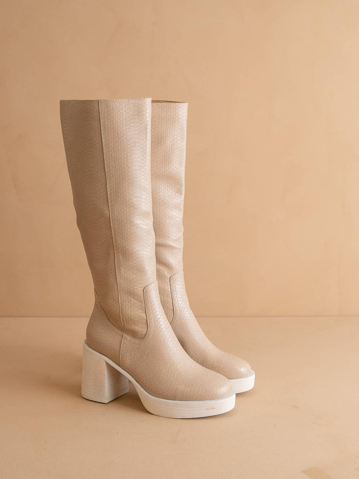 The Juniper Beige | Platform Knee-High Boots: Beige