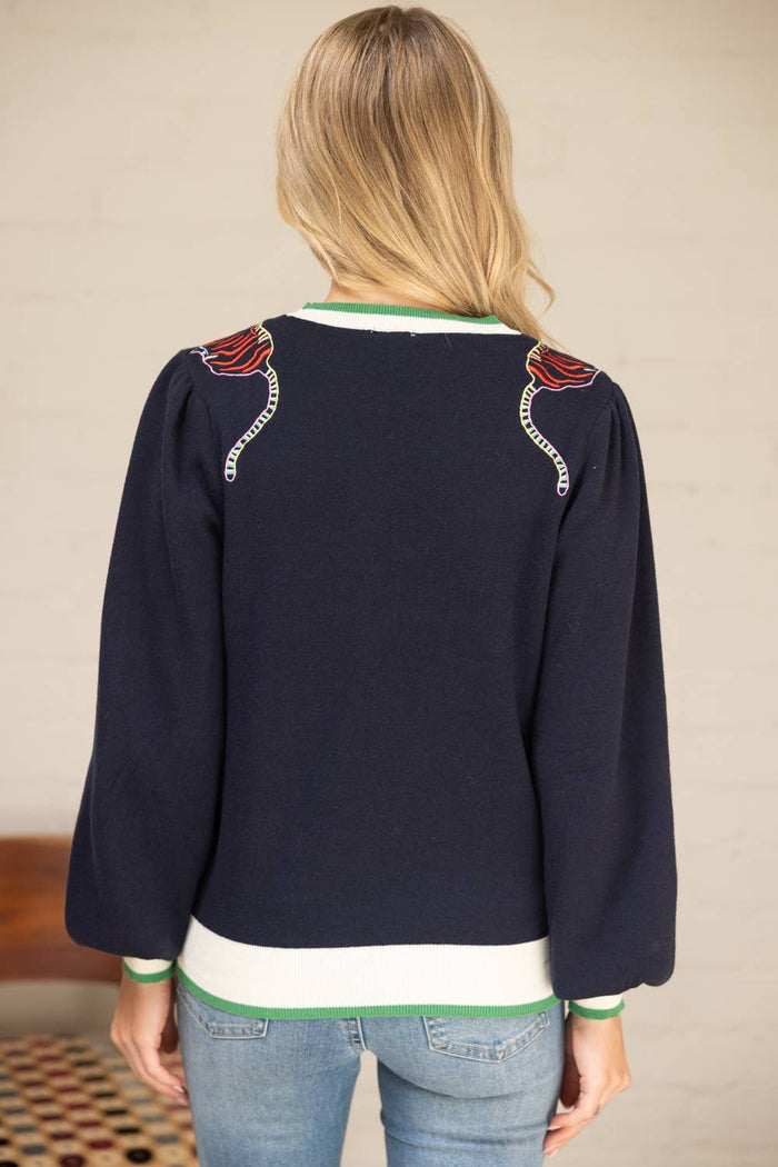 Tiger Embroidered Shoulder Knit Top L