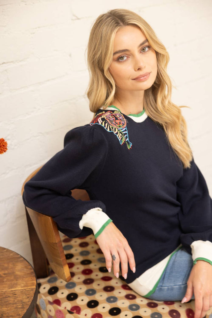 Tiger Embroidered Shoulder Knit Top S