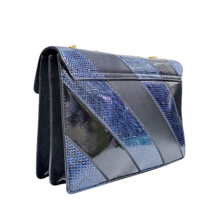 Tory Burch Navy/Black Snakeskin Embossed Leather and Suede Medium Gemini Link Shoulder Bag