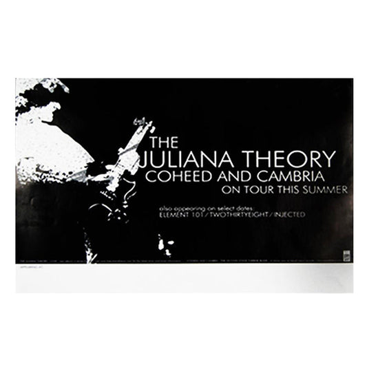 Black and white concert poster featuring a guitarist, with text: Coheed and Cambria, The Juliana Theory on tour this summer with Element 101, TwoThirtyEight, Injected. Add a poster tube from Coheed and Cambria to avoid creases—no more folds!.