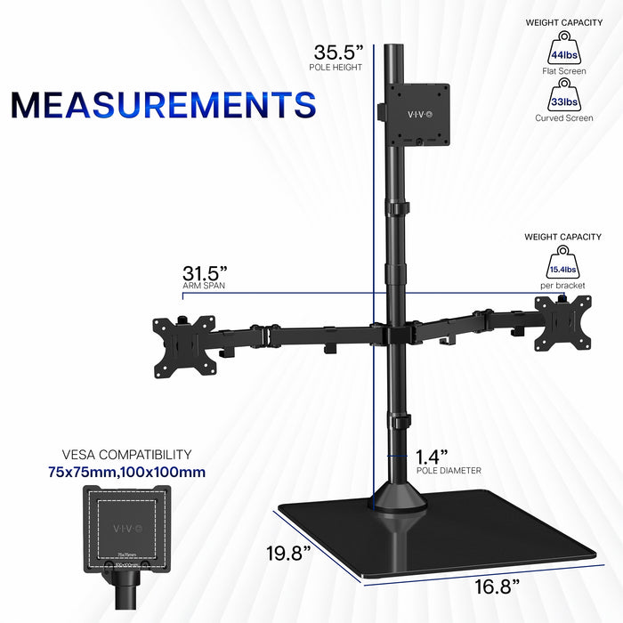 VIVO triple monitor desk stand with measurements and specifications on a white background