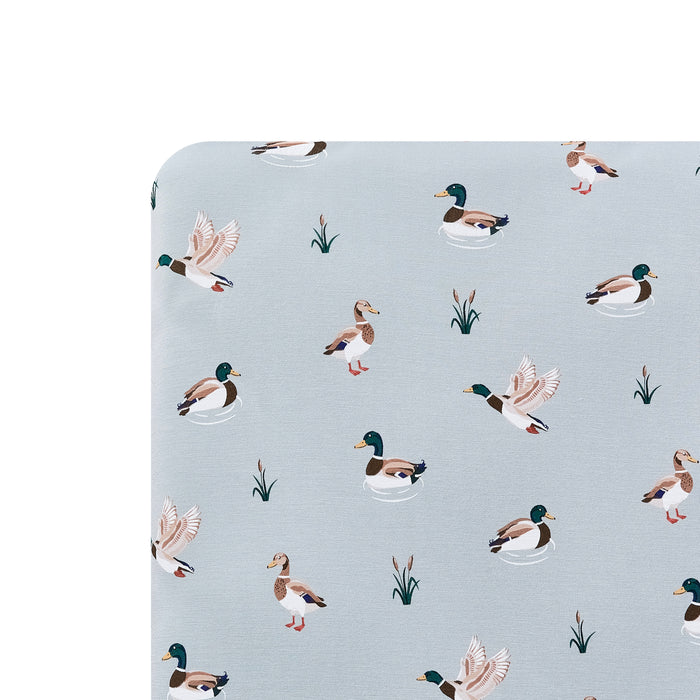 Close up of the Twin Sheet in Mallard Duck shown on a mattress