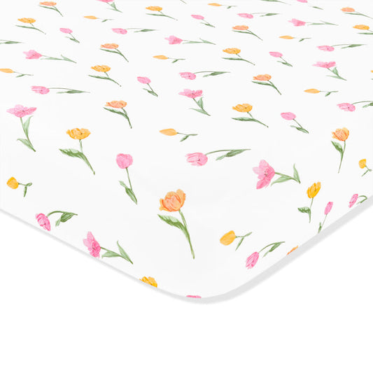 Corner of the Twin Sheet in Tulip shown on a mattress
