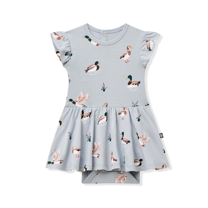 Product photo of the Twirl Bodysuit Dress in Mallard Duck on a white background