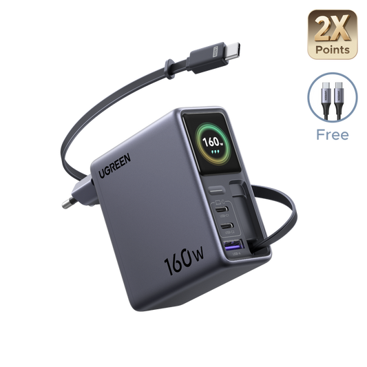 UGREEN Nexode Pro Smart Display Charger (160W, 4-Port, GaN, Retractable Cable, App Control)