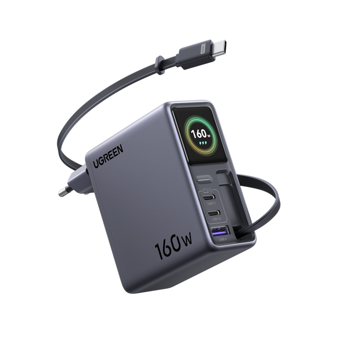 UGREEN Nexode Pro Smart Display Charger (160W, 4-Port, GaN, Retractable Cable, App Control)