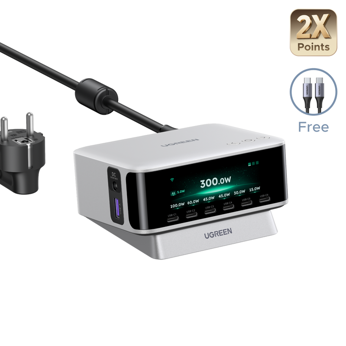 UGREEN Nexode Pro Smart Display Desktop Charger (300W, 8-Port, GaN, 5 Charging Modes)