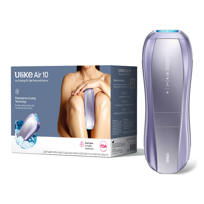 Ulike Air 10 laser hair removal device in a lavender-purple color shown next to its retail packaging box on a clean white background.
