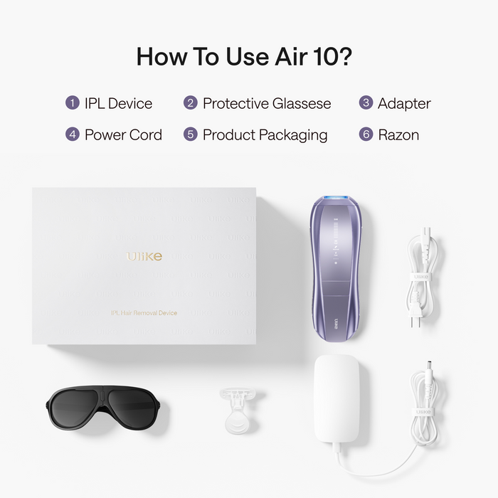 How to use the Air 10 IPL hair removal device kit, showing the white product box, lavender handheld device, black protective glasses, white charging cable, white adapter, and small white applicator on a light gray background with numbered labels.