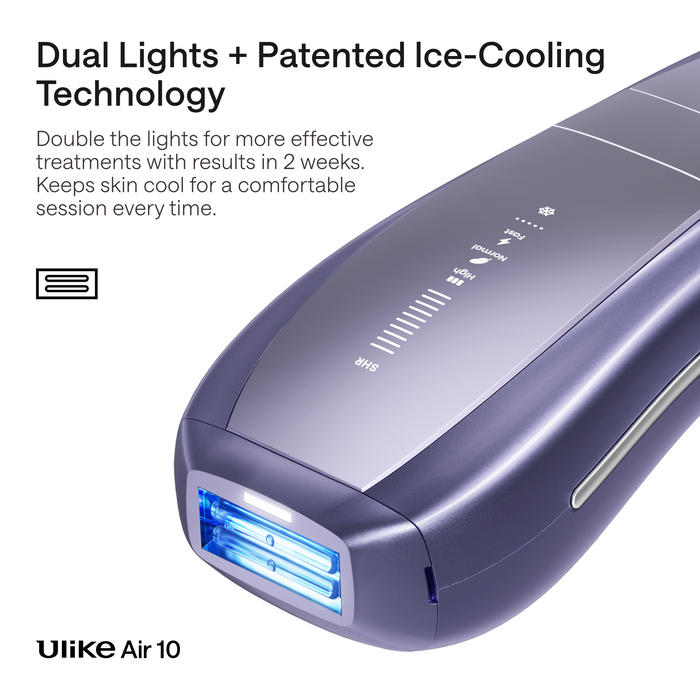 Close-up of a Ulike Air 10 hair removal device in a metallic purple-gray finish, showing the top control panel and the illuminated blue treatment light at the front. Text on the left highlights dual lights and patented ice-cooling technology.