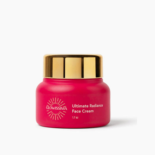 Pink face cream jar with gold lid on a white background, featuring the Glowissima brand and 2025 Gurus Beauty Awards logo.