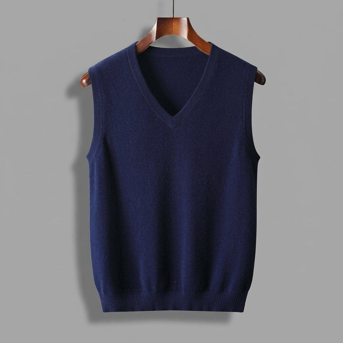 Side view showing the relaxed fit of the V-neck sweater vest