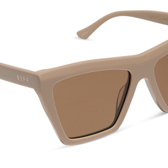 jessie james decker x diff eyewear featuring the vivi cat eye sunglasses with a almond brown frame and brown lenses detailed view