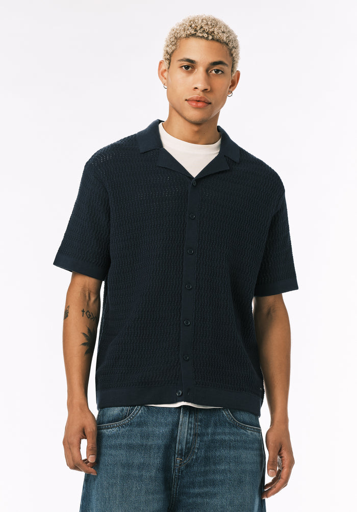Buffalo Men Sweaters Navy Knit Sweaters Textured Knit Open Collar