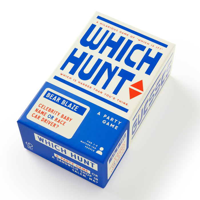 The Brass Monkey Which Hunt Party Game comes in a blue and white box, featuring the tagline "Which is harder than you’d think." Includes cards like "Bear Blaze—celebrity baby name or race car driver?" for hilarious adult gatherings.