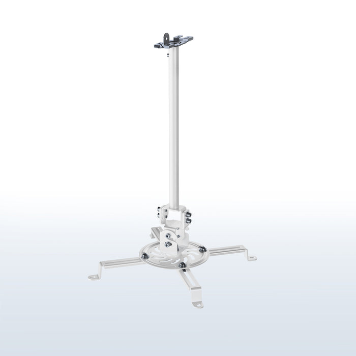 A white ceiling mount with scissor clamp designed to support projectors, featuring an adjustable length arm and a circular base.