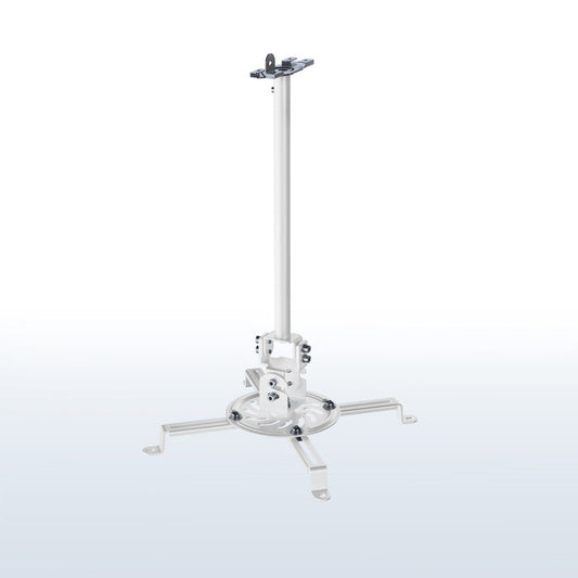 A white ceiling mount with scissor clamp designed to support projectors, featuring an adjustable length arm and a circular base.