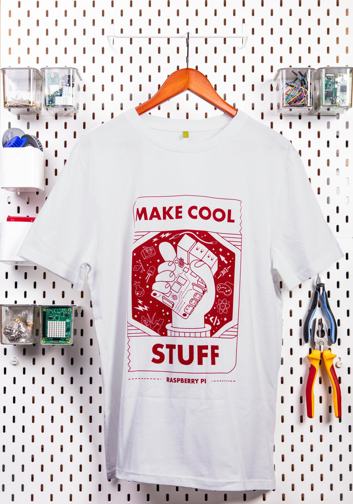 White Raspberry Pi "Make Cool Stuff" T-shirt (Adult Size) [Discontinued] by Raspberry Pi - The Pi Hut
