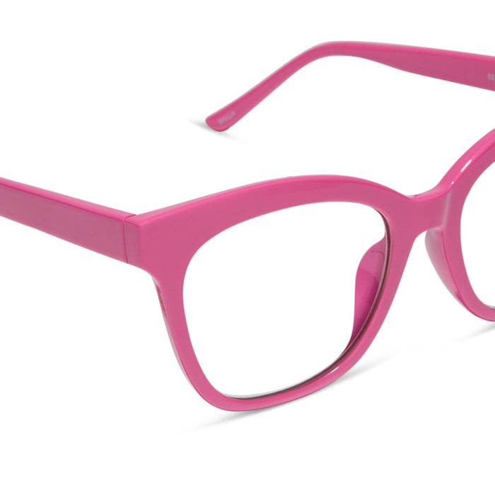 diff eyewear featuring the willa square prescription glasses with a bubble gum pink acetate frame detailed view