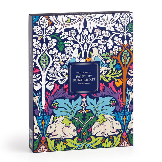 A vibrant William Morris Brother Rabbit 9 x 12" Paint by Number Kit box features intricate floral designs and two white rabbits, inspired by “Brother Rabbit,” with a central label displaying the product and brand name.