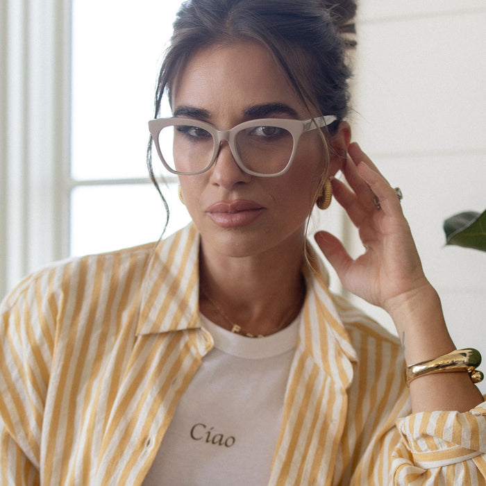 lifestyle - jessie james decker x diff eyewear featuring the winston cat eye prescription glasses with a almond brown frame front view